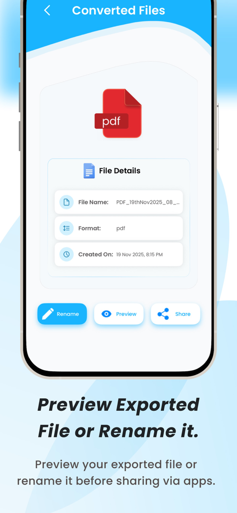 Ein mobiler App-Bildschirm mit Details zur konvertierten Datei für einen Kontaktexport im PDF-Format mit Optionen zum Umbenennen, Vorschauen und Teilen