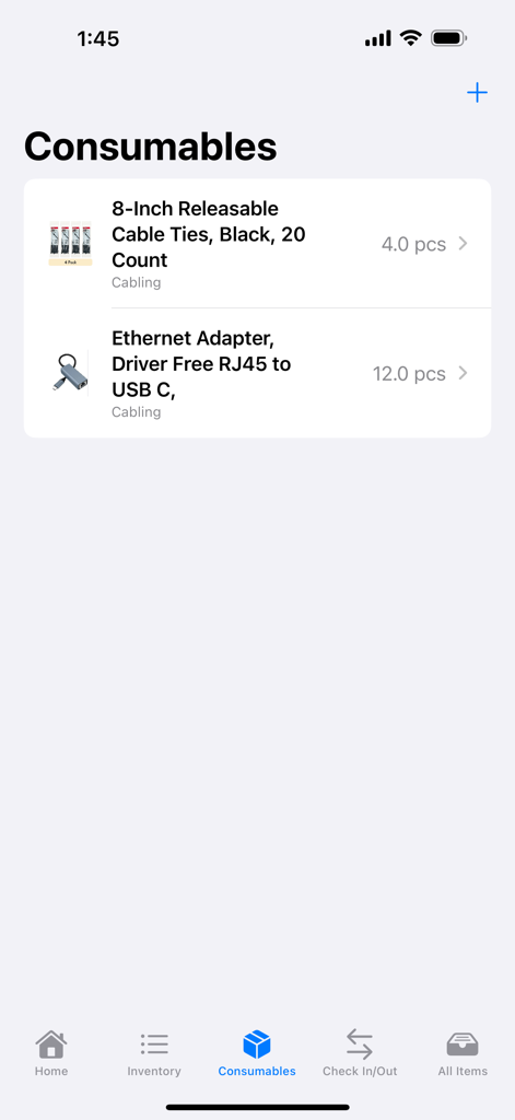 Smart Inventory Manager - Schermata di tracciamento dei materiali di consumo nell'app Smart Inventory Manager che mostra nomi degli articoli e quantità attuali per forniture di cablaggio
