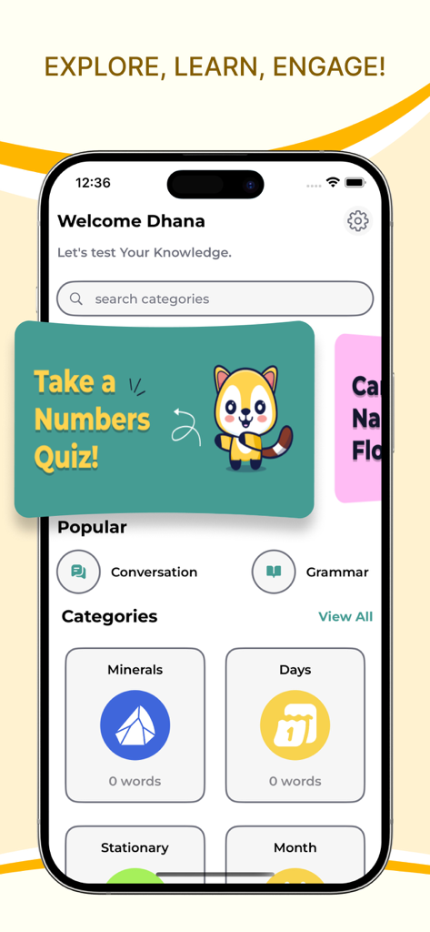 Learn English Through Gujarati - Home screen of the Learn English Through Gujarati app featuring quiz categories like numbers and grammar