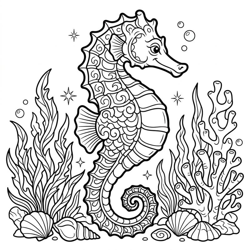 Unwind with this charming big-belly seahorse coloring page designed for seniors. Its clear lines and beautiful ocean details offer a delightful and accessible creative escape.