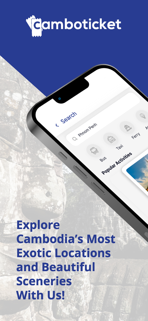 Camboticket - Camboticket app interface on a smartphone displaying travel options over a Cambodian temple background