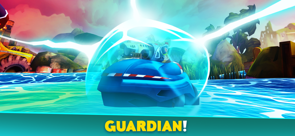 Battle Bay - A blue combat ship in Battle Bay protected by a glowing energy shield bubble with the word Guardian below