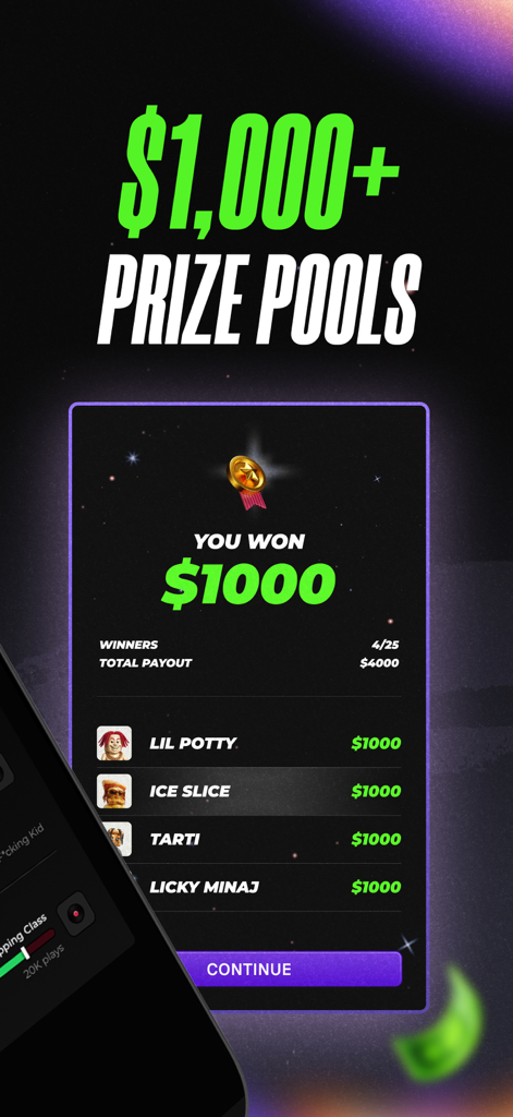 StreamStakes - StreamStakes app screen showing multiple winners sharing a one thousand dollar prize pool