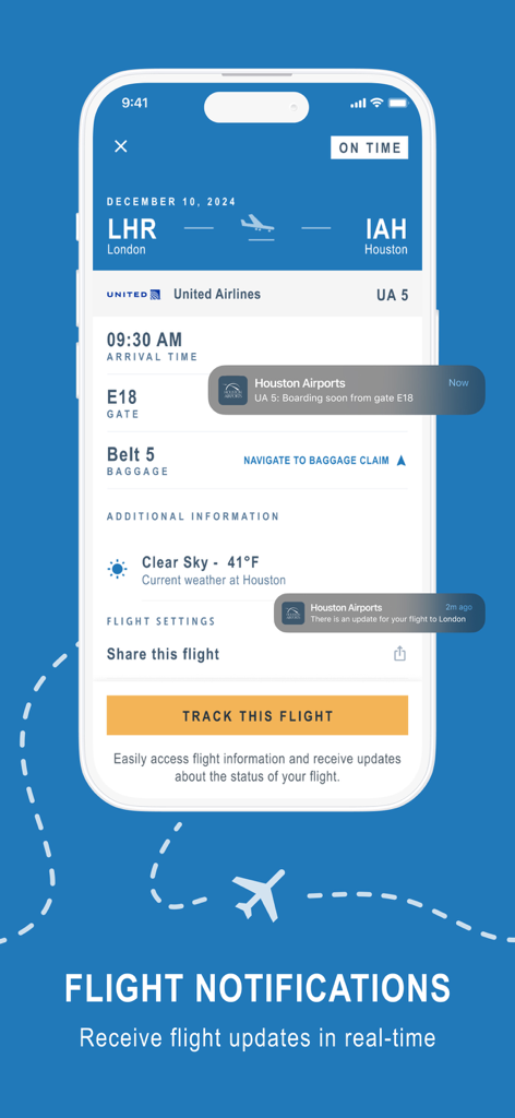 Houston Airports – Official - リアルタイムのフライト通知とゲート情報を表示する公式ヒューストン空港アプリのインターフェース