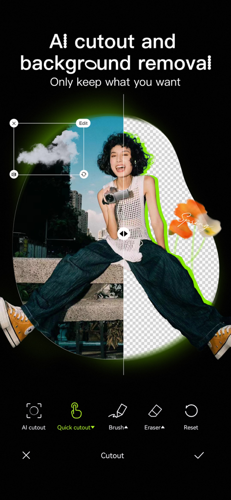 Interfaz de la app Hypic mostrando la eliminación de fondo IA y la herramienta de recorte en una foto de retrato