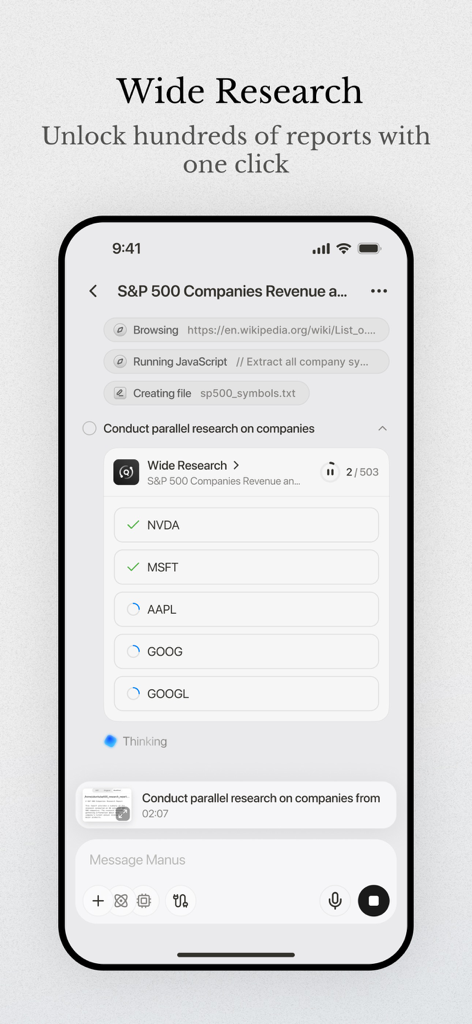 Manus AI - Interfaz de la aplicación móvil Manus AI que muestra la función de investigación amplia realizando investigaciones paralelas sobre empresas del S&P 500.