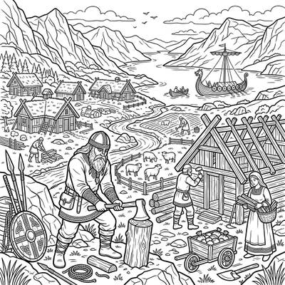 Embark on an epic coloring journey to a thriving Viking settlement. This detailed full scene captures the daily life of a Norse community, from settlers building homes to longships on the fjord.