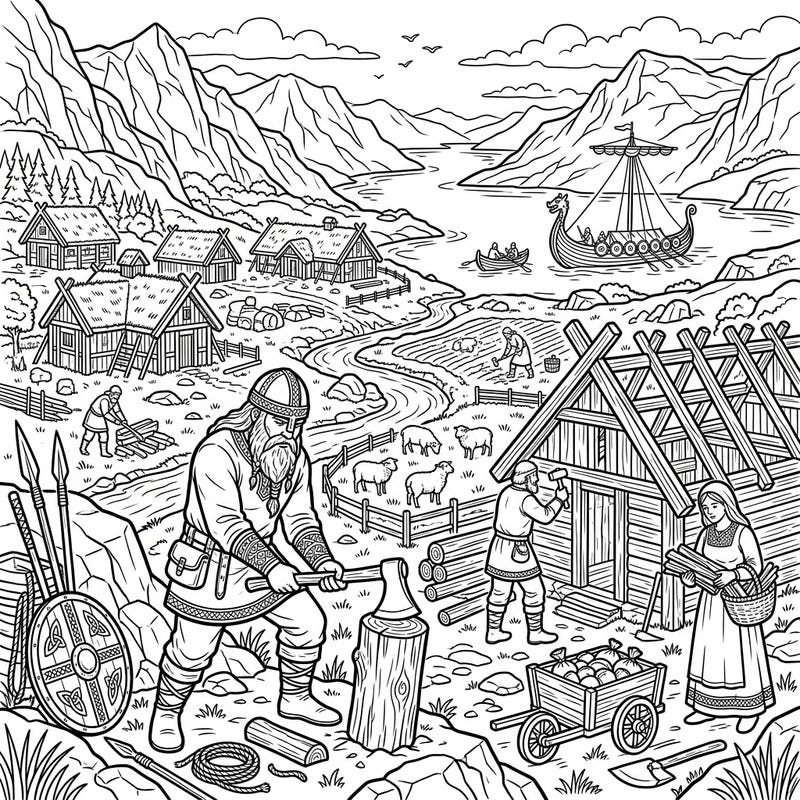 Embark on an epic coloring journey to a thriving Viking settlement. This detailed full scene captures the daily life of a Norse community, from settlers building homes to longships on the fjord.