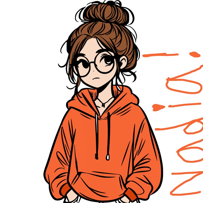 teen girl with a messy bun and glasses wearing a loose hoodie and jeans