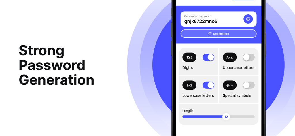 Tech Shield - Protegion - 数字、文字、長さのカスタマイズオプションを備えた強力なパスワード生成機能を示すTech Shield Protegionアプリのインターフェイス。