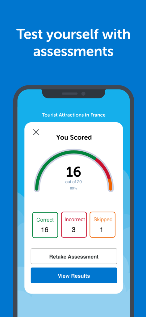 Innovative Language Learning - Screenshot of Innovative Language Learning app assessment results page showing an 80 percent score