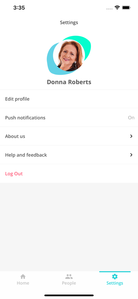 myo - Settings screen of the myo app showing a user profile for Donna Roberts and account menu options