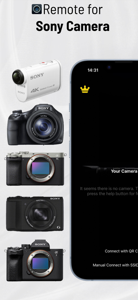 Control Wifi Sony Camera App - Un smartphone mostrando la interfaz de una aplicación de control remoto para varios modelos de cámaras Sony
