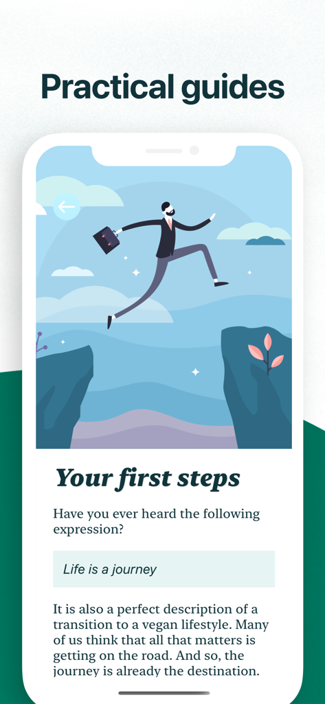 A screenshot of the Simple Vegan app showing practical guides and beginner tips for starting a vegan lifestyle journey