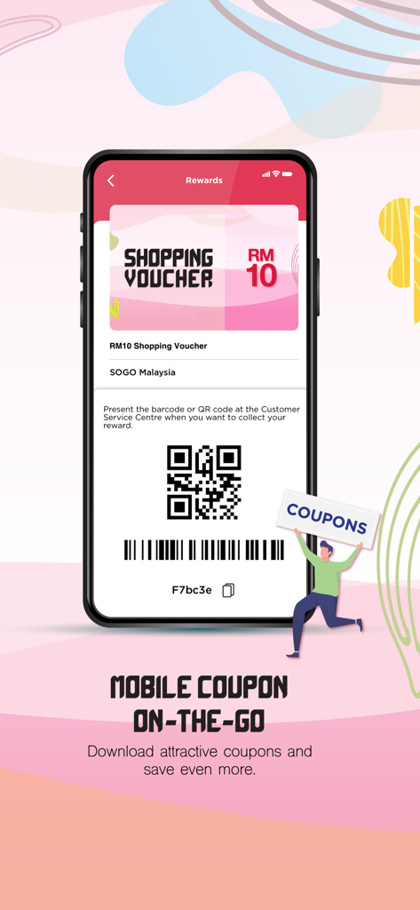 Smartphone screen showing a MYSOGO RM10 shopping voucher with a QR code and barcode for mobile redemption.