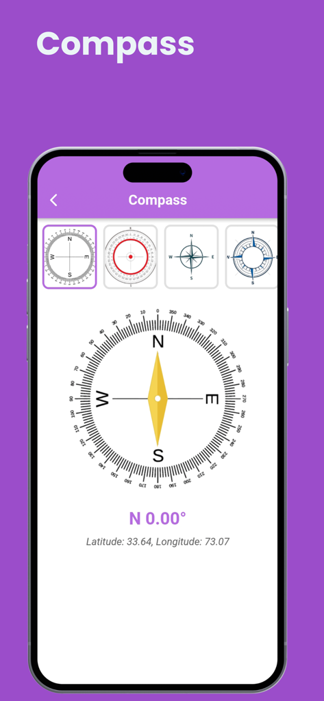 Digital compass interface showing north direction and GPS coordinates