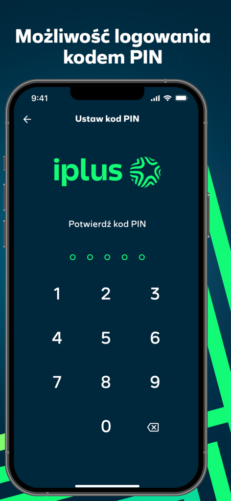 iPlus - Configuração e tela de login do código PIN do aplicativo móvel iPlus em um iPhone