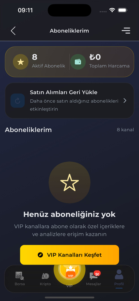 HisseChat - HisseChat mobile app subscriptions screen showing VIP channel options and member status
