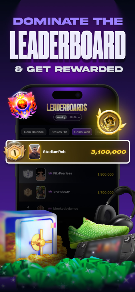 Stadium Live mobile app leaderboard showing user rankings and virtual currency rewards