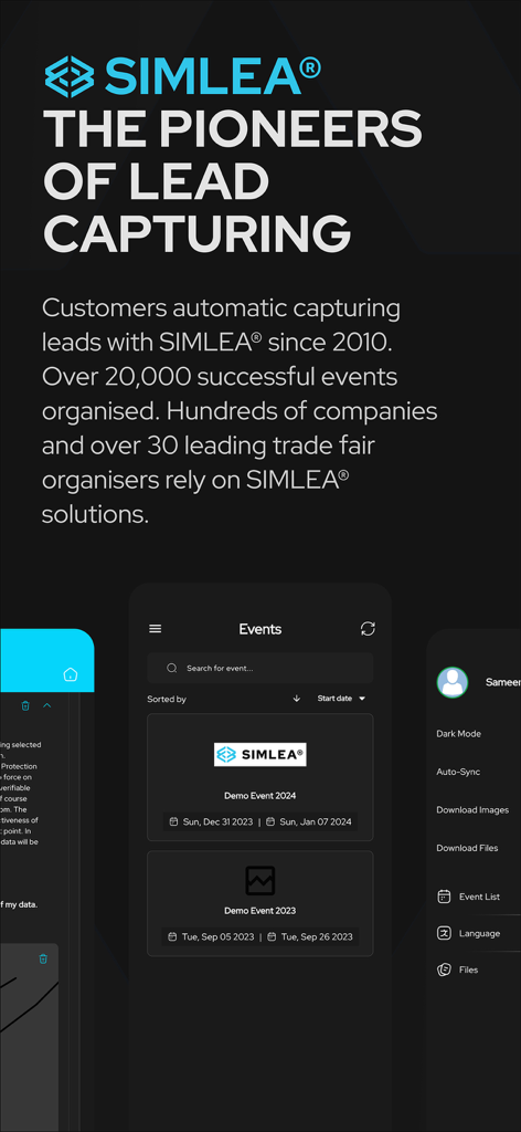 SIMLEA+ - SIMLEA plus app interface showing event list and settings for professional lead management