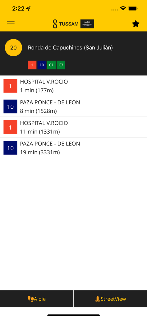 Real-time bus arrival times and waiting estimates for the Ronda de Capuchinos stop in the AppTUSSAM mobile interface.