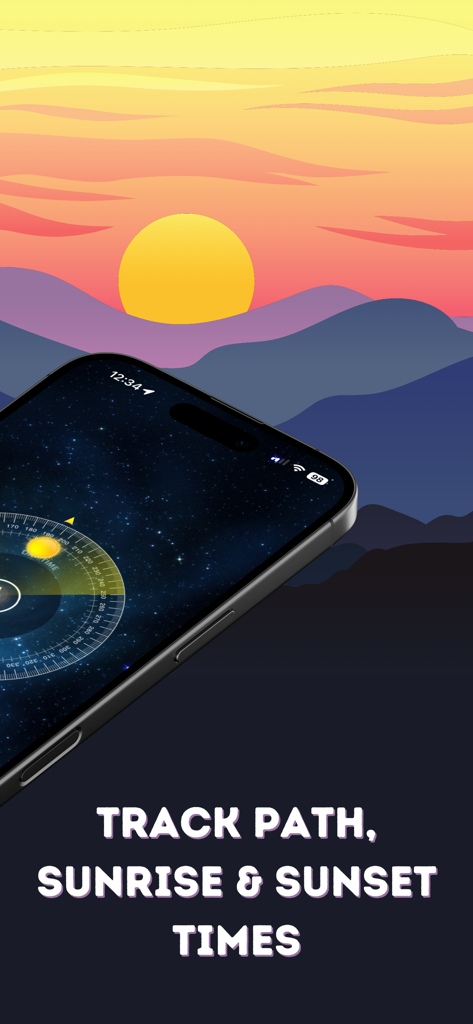 Sun Locator - Find the Sun - Sun Locator app interface showing solar path tracking and sunrise sunset times on a smartphone screen