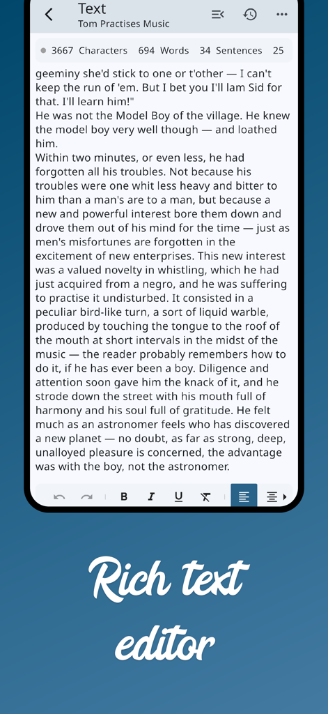 Novelist app mobile writing interface showing a rich text editor with word count and formatting tools