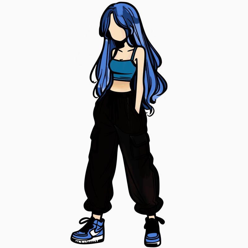 girl in baggy pants crop top and long hair