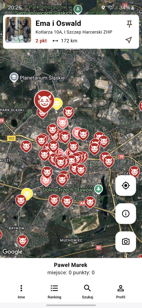 Satellite map view showing multiple Bebok sculpture locations in the Katowice region