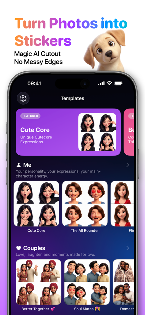 StickerVerse: AI Sticker Maker - StickerVerse app interface showing 3D avatar templates for individuals and couples