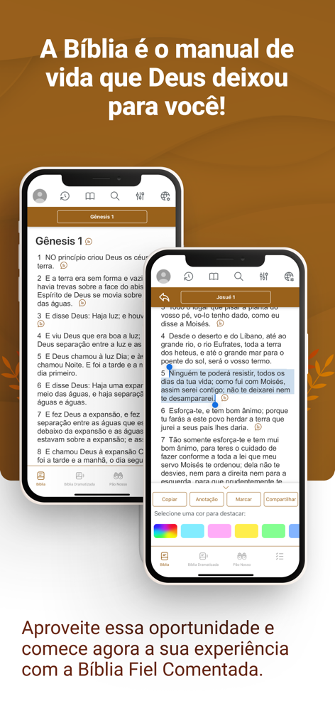 Two iPhones displaying the Biblia Fiel Comentada app interface with Bible verses and color-coded highlighting features