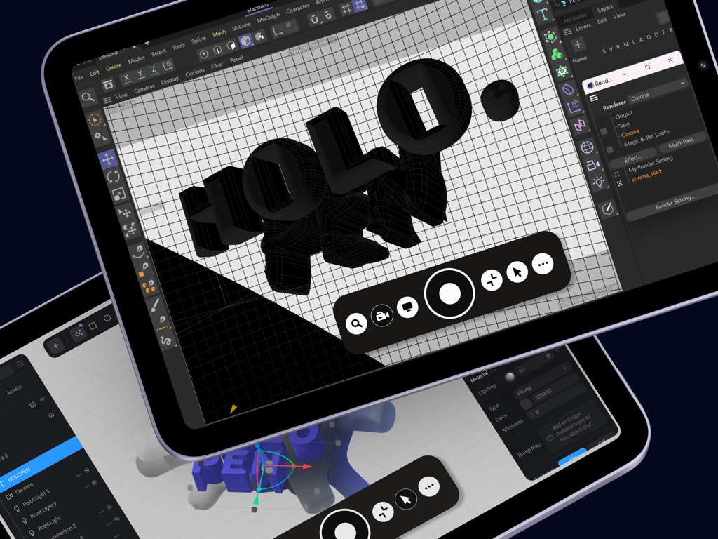 Holo.Pen: Virtual Tablet - Pantalla de iPad mostrando una interfaz de software de modelado 3D con controles de tableta virtual Holo.Pen