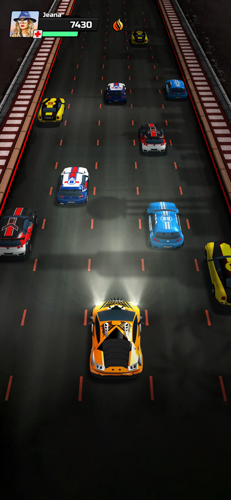 Chaos Road: 3D Car Racing Game - A top-down view of a high-speed highway car chase with an orange sports car racing through traffic at night
