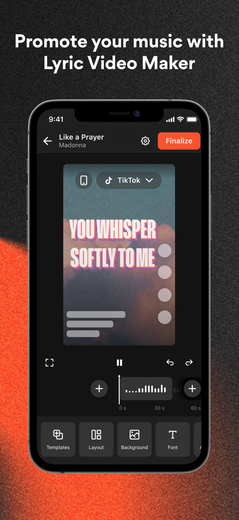 Musixmatch Pro - Musixmatch Pro app interface for creating lyric videos to promote music on TikTok and social media
