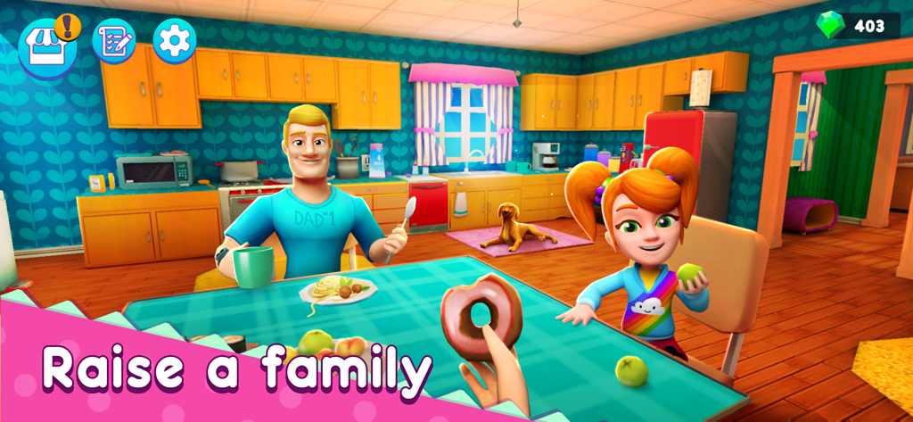 A virtual family with a father and daughter having a meal in a colorful kitchen in Homemaker Mother Simulator.