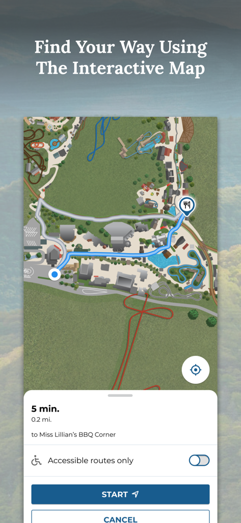 Interactive map in the Dollywood app showing navigation to a restaurant and accessible route options