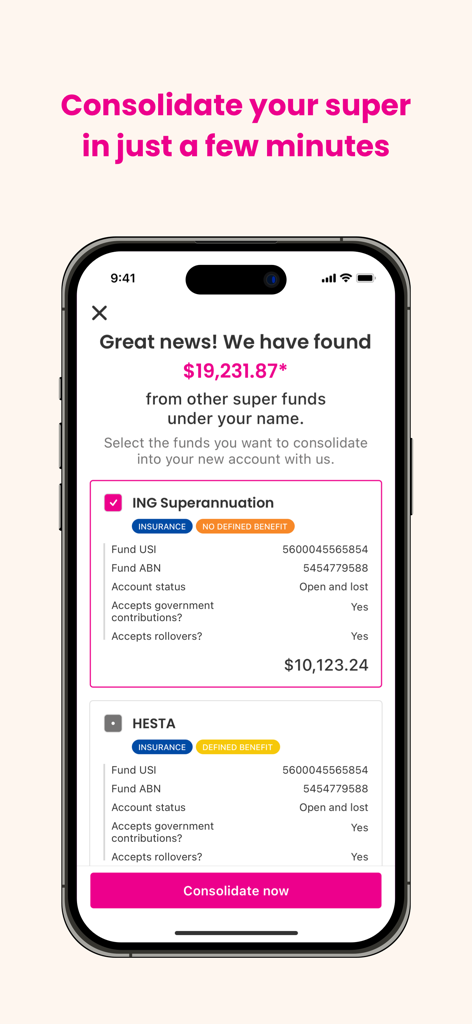 A screenshot of the Aware Super app interface for consolidating multiple retirement funds into one account