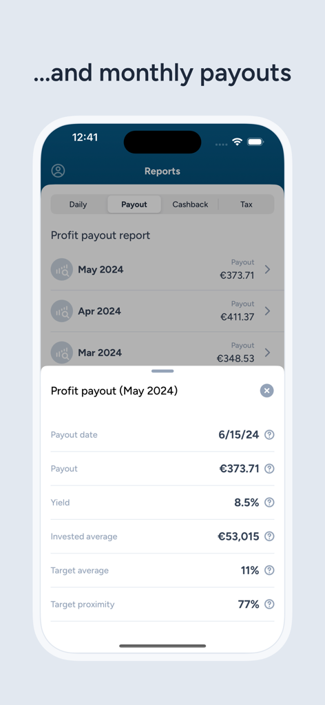 Capture d'écran de l'application Quanloop Funds montrant un rapport de paiement mensuel avec des détails sur les gains et les statistiques de rendement.