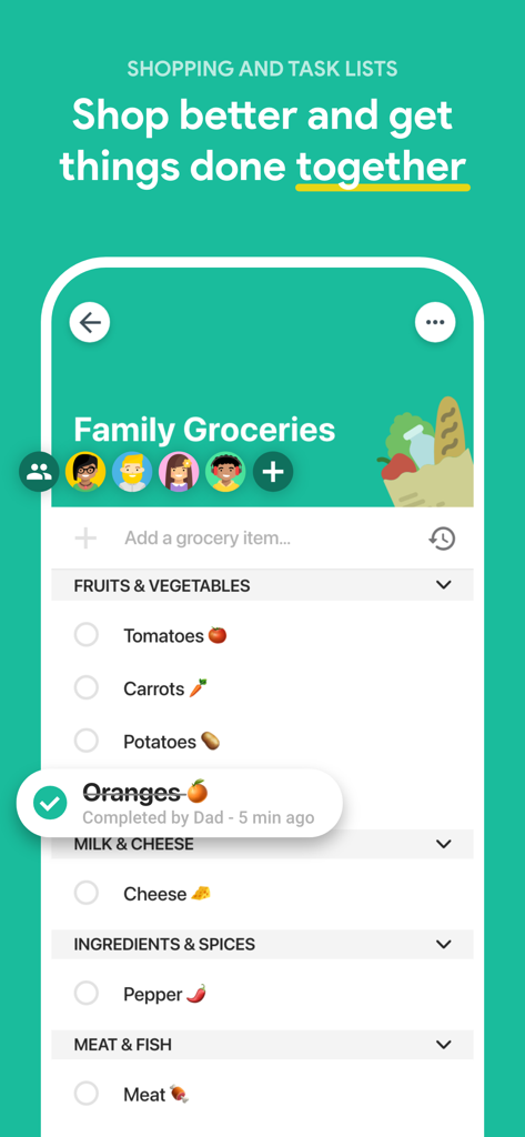 FamilyWall: Family Organizer - Interface do aplicativo FamilyWall mostrando uma lista de compras familiar compartilhada com itens categorizados como frutas e vegetais.