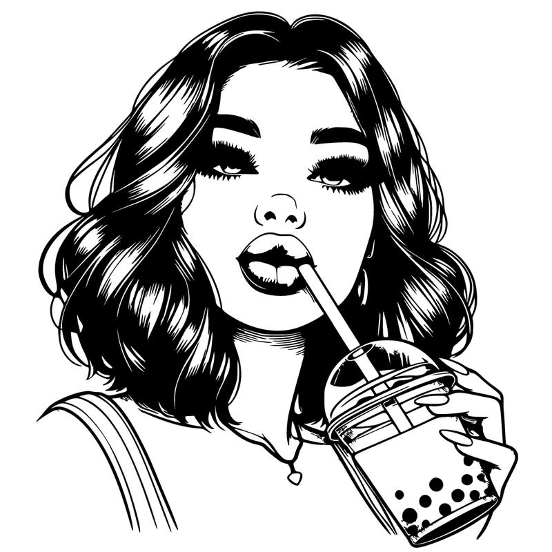 realistic girl with glossy lips holding boba
