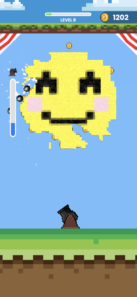 Cannon Crusher - Gameplay screenshot of Cannon Crusher showing a cannon shooting balls at a yellow pixel art smiley face on level 8.