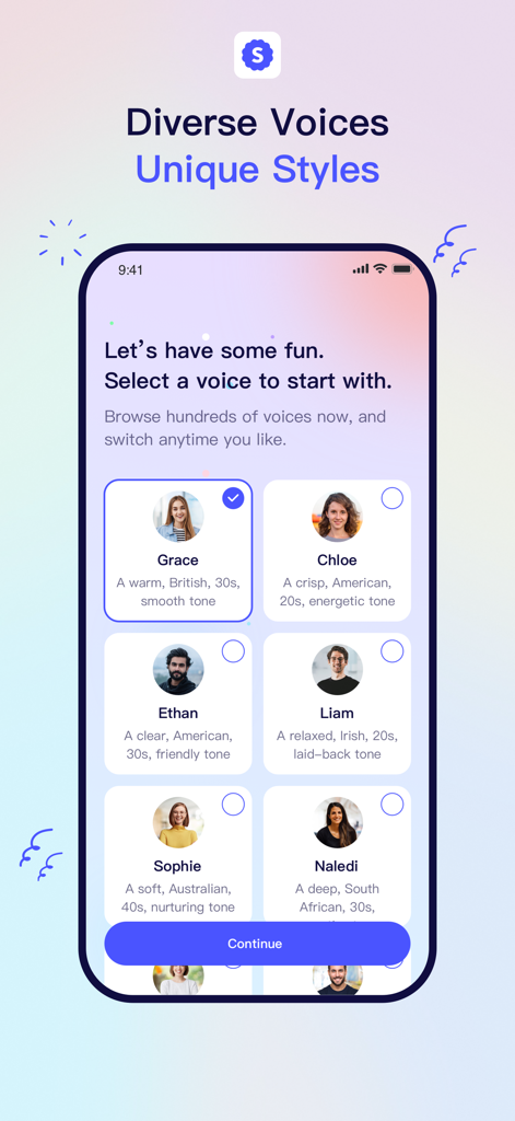 iSpeech — Hear More. Know More - Uma tela de seleção no aplicativo iSpeech mostrando diversas opções de voz de IA com estilos e sotaques únicos.