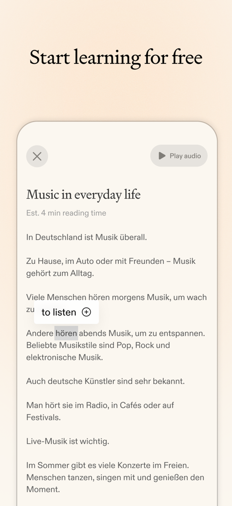 Amble - Language & Culture - Amble app screenshot showing a German language story titled Music in everyday life with a clean minimalist design.