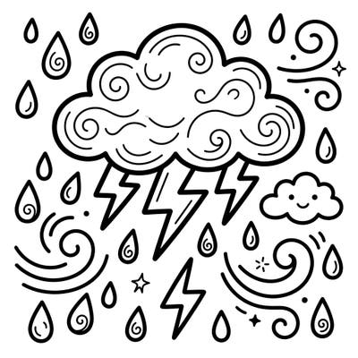 Introduce your little one to the wonders of weather with this delightful thunder and rain cloud coloring page. Designed with ultra-thick lines and large areas, it's perfect for developing motor skills and creativity.
