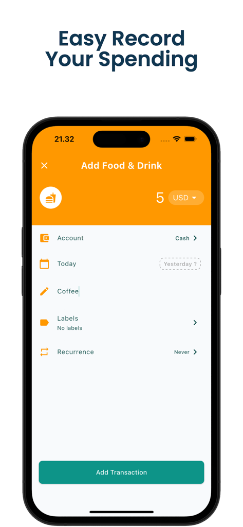 Money Manager: Daily Expenses - Interface do aplicativo móvel para registrar manualmente uma despesa de alimentação e bebidas com campos de valor e categoria