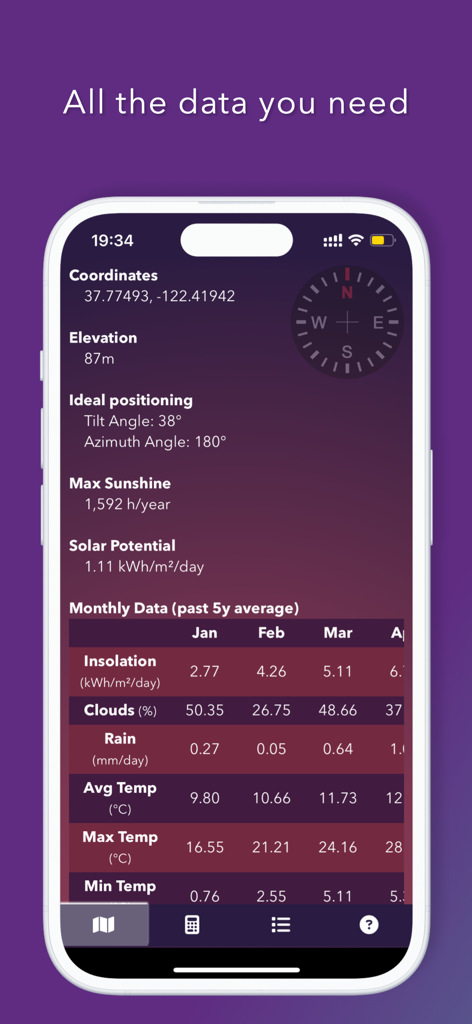 PV Master - Solar Panel System - PV Master app dashboard showing GPS coordinates, ideal solar panel tilt and azimuth angles, and historical monthly weather data.