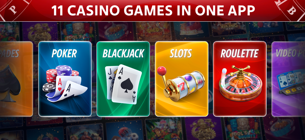 ポーカー、ブラックジャック、スロット、ルーレットを含む11種類のカジノゲームが1つのアプリに集約された紹介画面