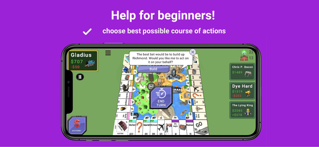 Quadropoly - Monopolist Tycoon - A mobile game screenshot showing an AI advisor giving strategic property building advice to a player in Quadropoly.
