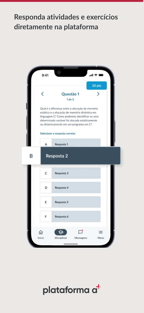 A mobile interface of the Plataforma A app showing a multiple choice academic question for a student assignment