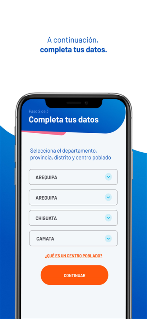 Activa tu chip Entel - Pantalla de la aplicación móvil que muestra el segundo paso de la activación del chip con campos para seleccionar departamento, provincia y distrito en Perú